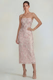 Floral Pink Strapless Sheath Midi Wedding Guest Dress with Slit