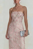 Floral Pink Strapless Sheath Midi Wedding Guest Dress with Slit