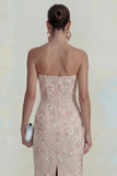 Floral Pink Strapless Sheath Midi Wedding Guest Dress with Slit