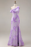 Blue Asymmetrical Neck Mermaid Appliqued Long Prom Dress