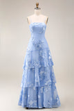 Yellow Tiered A Line Appliqued Maxi Prom Dress
