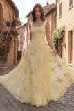 Yellow A Line Embroidered Square Neck Long Prom Dress with Pearls