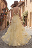 Yellow A Line Embroidered Square Neck Long Prom Dress with Pearls