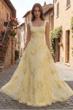 Yellow A Line Embroidered Square Neck Long Prom Dress with Pearls