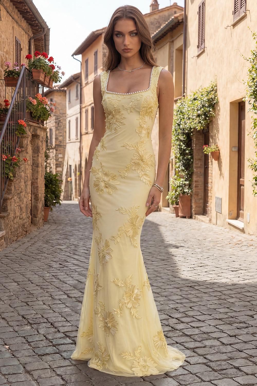 WEDTREND Women Yellow Embroidered Long Prom Dress Mermaid Square Neck Party Dress with Pearls, Yellow / US2