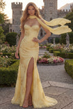 Strapless Yellow Floral Embroidered Mermaid Corset Prom Dress with Scarf