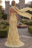 Strapless Yellow Floral Embroidered Mermaid Corset Prom Dress with Scarf