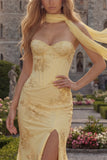 Strapless Yellow Floral Embroidered Mermaid Corset Prom Dress with Scarf