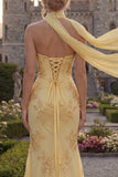 Strapless Yellow Floral Embroidered Mermaid Corset Prom Dress with Scarf