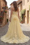 Yellow A Line Strapless Corset Embroidered High Low Prom Dress