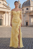 Off the Shoulder Sheath Ruffle Yellow Embroidered Prom Dress with Slit