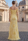 Off the Shoulder Sheath Ruffle Yellow Embroidered Prom Dress with Slit