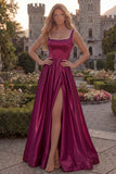 Blush Satin A Line Square Neck Pearl Prom Dress with Slit