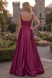 Blush Satin A Line Square Neck Pearl Prom Dress with Slit