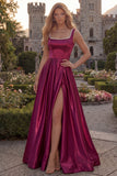Blush Satin A Line Square Neck Pearl Prom Dress with Slit