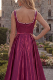 Blush Satin A Line Square Neck Pearl Prom Dress with Slit