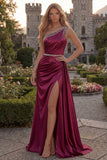 One Shoulder Light Blue A Line Ruched Prom Dress with Slit