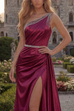 One Shoulder Light Blue A Line Ruched Prom Dress with Slit