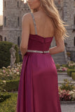 One Shoulder Light Blue A Line Ruched Prom Dress with Slit