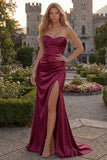 Burgundy Strapless Mermaid Satin Ruched Prom Dress with Slit
