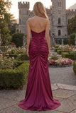 Burgundy Strapless Mermaid Satin Ruched Prom Dress with Slit