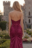 Burgundy Strapless Mermaid Satin Ruched Prom Dress with Slit