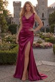 Dark Green Cowl Neck Mermaid Satin Prom Dress with Slit