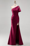 Lilac One Shoulder Satin Mermaid Prom Dress with Slit
