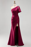 Lilac One Shoulder Satin Mermaid Prom Dress with Slit