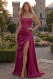 Strapless Corset Satin Burgundy Prom Dress with Slit