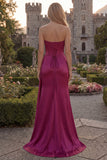 Strapless Corset Satin Burgundy Prom Dress with Slit