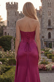 Strapless Corset Satin Burgundy Prom Dress with Slit