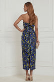 Strapless Fuchsia Sheath Floral Midi Wedding Guest Dress with Bow