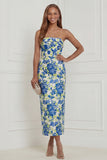 Strapless Fuchsia Sheath Floral Midi Wedding Guest Dress with Bow