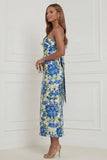 Strapless Fuchsia Sheath Floral Midi Wedding Guest Dress with Bow