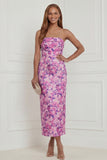 Strapless Fuchsia Sheath Floral Midi Wedding Guest Dress with Bow
