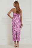 Strapless Fuchsia Sheath Floral Midi Wedding Guest Dress with Bow