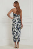 Strapless Fuchsia Sheath Floral Midi Wedding Guest Dress with Bow