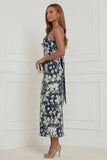 Strapless Fuchsia Sheath Floral Midi Wedding Guest Dress with Bow