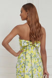 Strapless Fuchsia Sheath Floral Midi Wedding Guest Dress with Bow