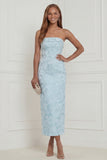 Sky Blue Sheath Strapless Jacquard Midi Wedding Guest Dress