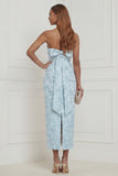 Sky Blue Sheath Strapless Jacquard Midi Wedding Guest Dress