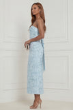 Sky Blue Sheath Strapless Jacquard Midi Wedding Guest Dress