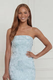 Sky Blue Sheath Strapless Jacquard Midi Wedding Guest Dress