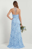 Light Blue Halter Applique Long Bridesmaid Dress with Slit