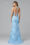 Halter Light Blue Mermaid Backless Cut Out Long Bridesmaid Dress with Appliques