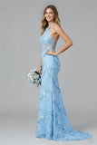 Halter Light Blue Mermaid Backless Cut Out Long Bridesmaid Dress with Appliques