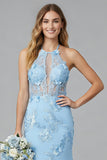 Halter Light Blue Mermaid Backless Cut Out Long Bridesmaid Dress with Appliques