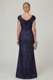Navy Cowl Neck Floral Mermaid Long Mother of the Bride Dress with slit