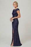 Navy Cowl Neck Floral Mermaid Long Mother of the Bride Dress with slit